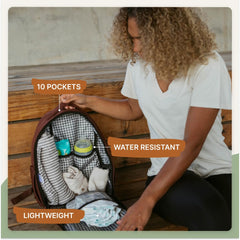 Parker Baby Co. Drift Backpack Lite on stroller handle demonstrates hands-free convenience