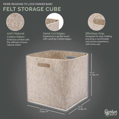 Parker Baby Co oatmeal storage cube side view highlighting soft felt and sturdy build
