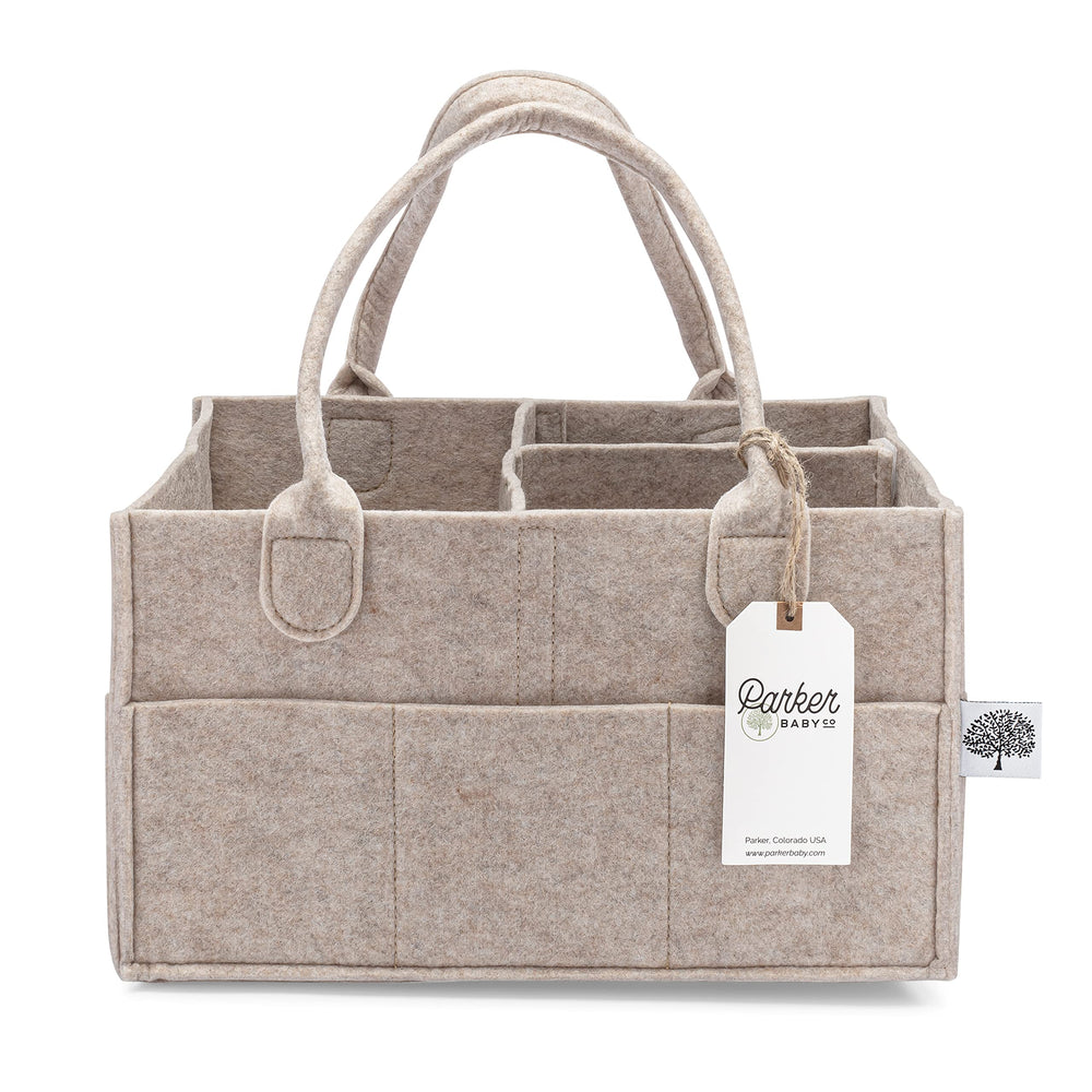 Parker Baby Co. diaper caddy front view shows easy-access diaper and wipe storage.