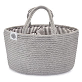 Parker Baby Co. rope diaper caddy gray on changing table keeps diapers and wipes at hand.