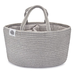 Parker Baby Co. rope diaper caddy gray on changing table keeps diapers and wipes at hand.