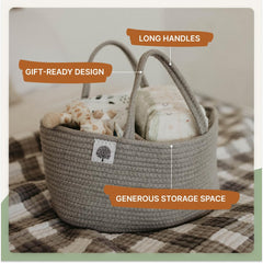 Parker Baby Co. rope diaper caddy gray with diapers ready for changing.