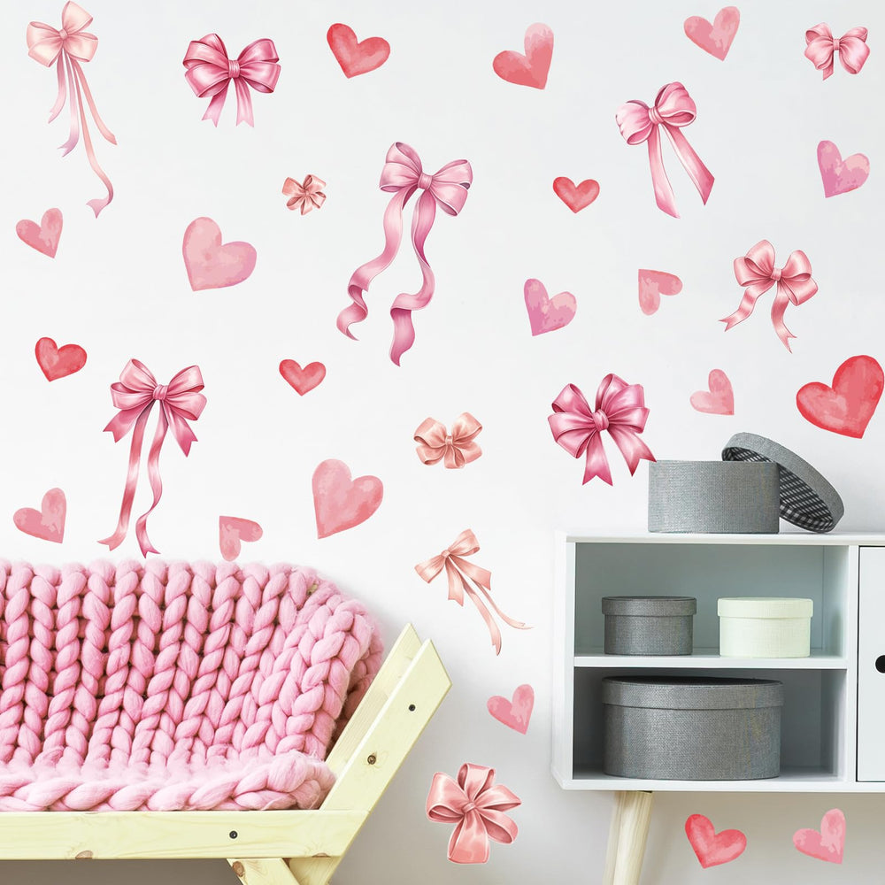 PartyGarden pink bow wall decals set with 82 pieces brightening a girl's room
