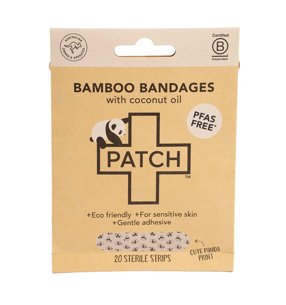 PATCH bamboo bandages with panda print provide gentle protection for kids' sensitive skin.