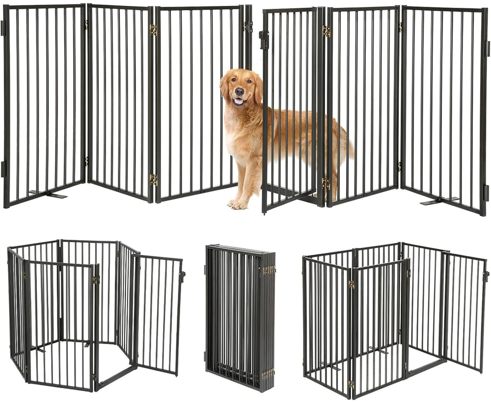 Paulmele metal freestanding dog gate with door closed, stable passage for pet and owner.