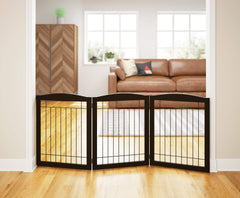 PAWLAND espresso wooden frame folding gate showing portable design