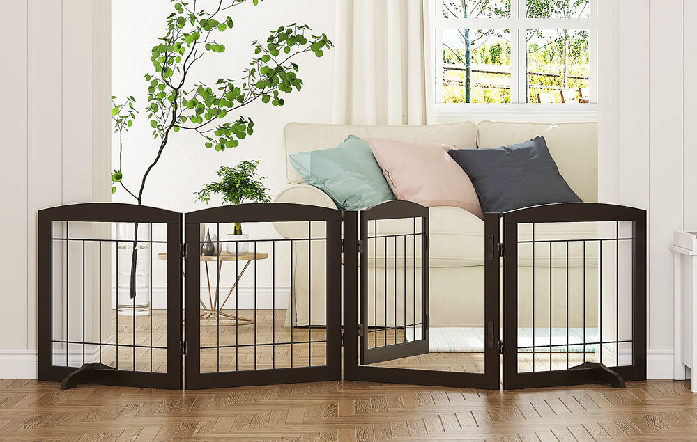 PAWLAND freestanding dog gate with walk-through door in espresso finish for easy room-to-room passage