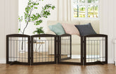 PAWLAND freestanding dog gate with walk-through door in espresso finish for easy room-to-room passage