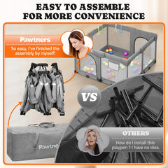 Pawtners Foldable Playpen with a 50-inch frame offers spacious play area.