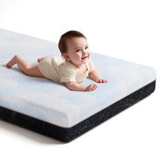 Pawtong dual-sided mattress showing infant and toddler sleep surfaces for growing kids.