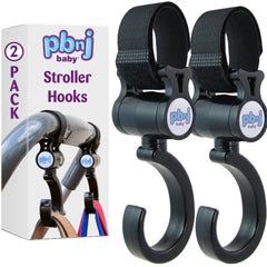 PBnJ Baby stroller hooks with universal fit securely hold bags.