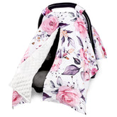 Pea Pod baby car seat cover in pink floral with breathable Minky fabric for baby comfort.