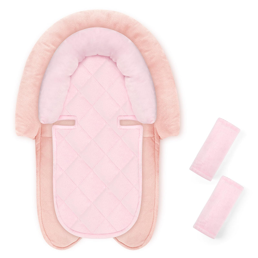 Pea Pod head-body support in light pink provides soothing newborn stabilization during car rides.