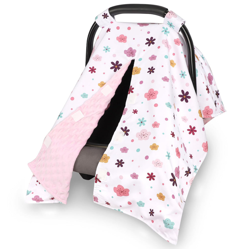 Pea Pod floral car seat cover with peekaboo opening for easy baby visibility.