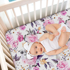 Pea Pod floral crib sheet with elastic edge demonstrates a secure, snug fit.