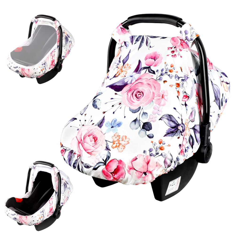 Pea Pod floral infant car seat cover with peek window provides breathable visibility for caregivers.