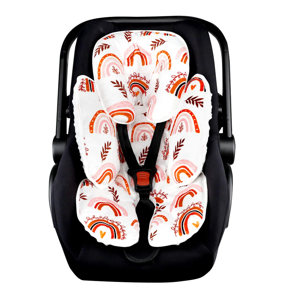 Pea Pod Rainbow Head Support in full-body mode offers cozy support on car seats.