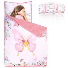 Pea Pod toddler nap mat with butterfly design and soft minky lining for cozy naps.