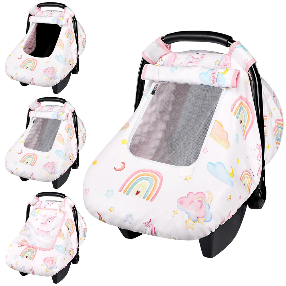 Pea Pod unicorn car seat cover back view with protective mesh window for baby visibility.