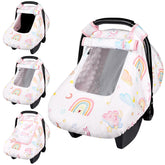 Pea Pod unicorn car seat cover back view with protective mesh window for baby visibility.