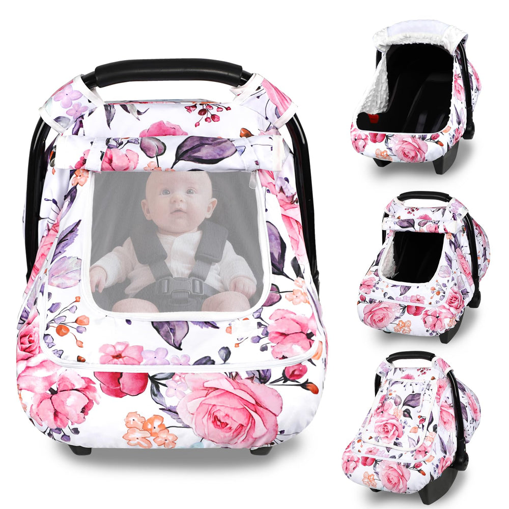 Pea Pod winter car seat cover sunshade close-up with secure shade for baby