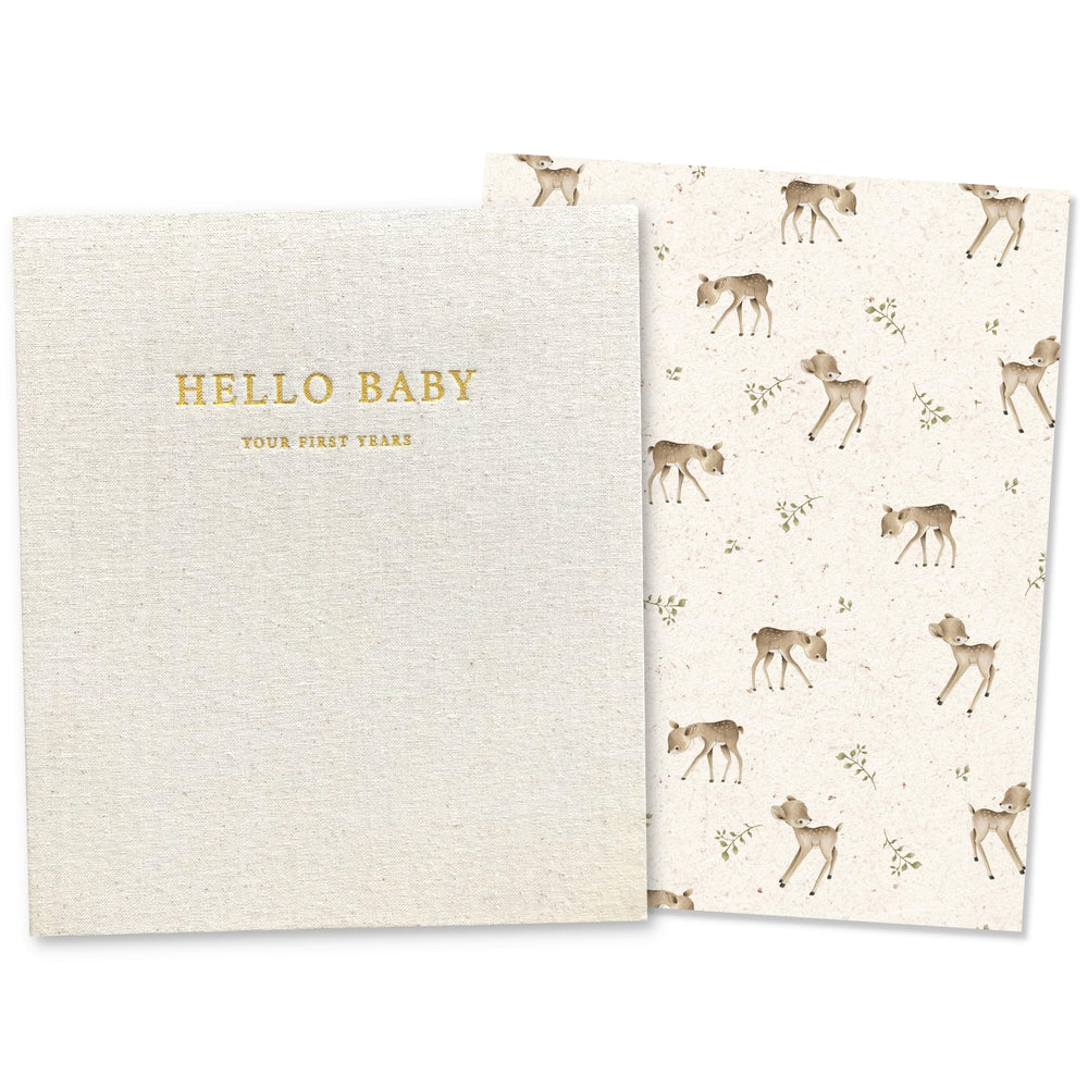 Peachly baby memory book cover in natural linen forest finish highlights premium craftsmanship.