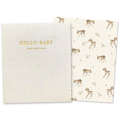 Peachly baby memory book cover in natural linen forest finish highlights premium craftsmanship.