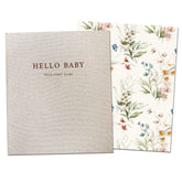 Peachly Fleur baby book cover with durable linen texture and gold embossing.