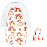 Pea Pod Rainbow head support in carseat for newborn comfort and secure harness fit.