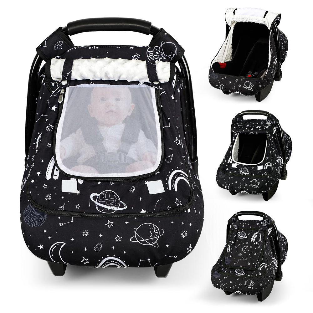 Pea Pod winter car seat cover sunshade blocks bright light for peaceful naps.