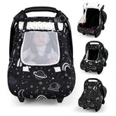 Pea Pod winter car seat cover sunshade blocks bright light for peaceful naps.