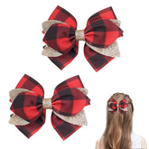 Pejlnd Christmas bow clip in red-black plaid for toddlers, quick hair styling.