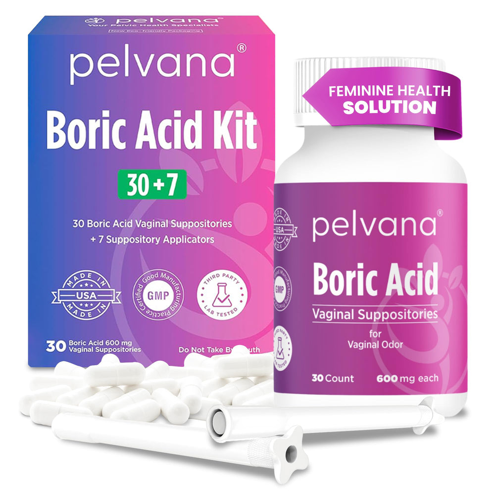 Pelvana boric acid suppositories packaging with clear labeling for home use.