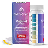 Pelvana vaginal pH test strip pack with color chart for home testing.