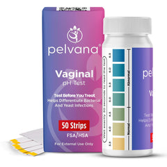 Pelvana vaginal pH test strip pack with color chart for home testing.