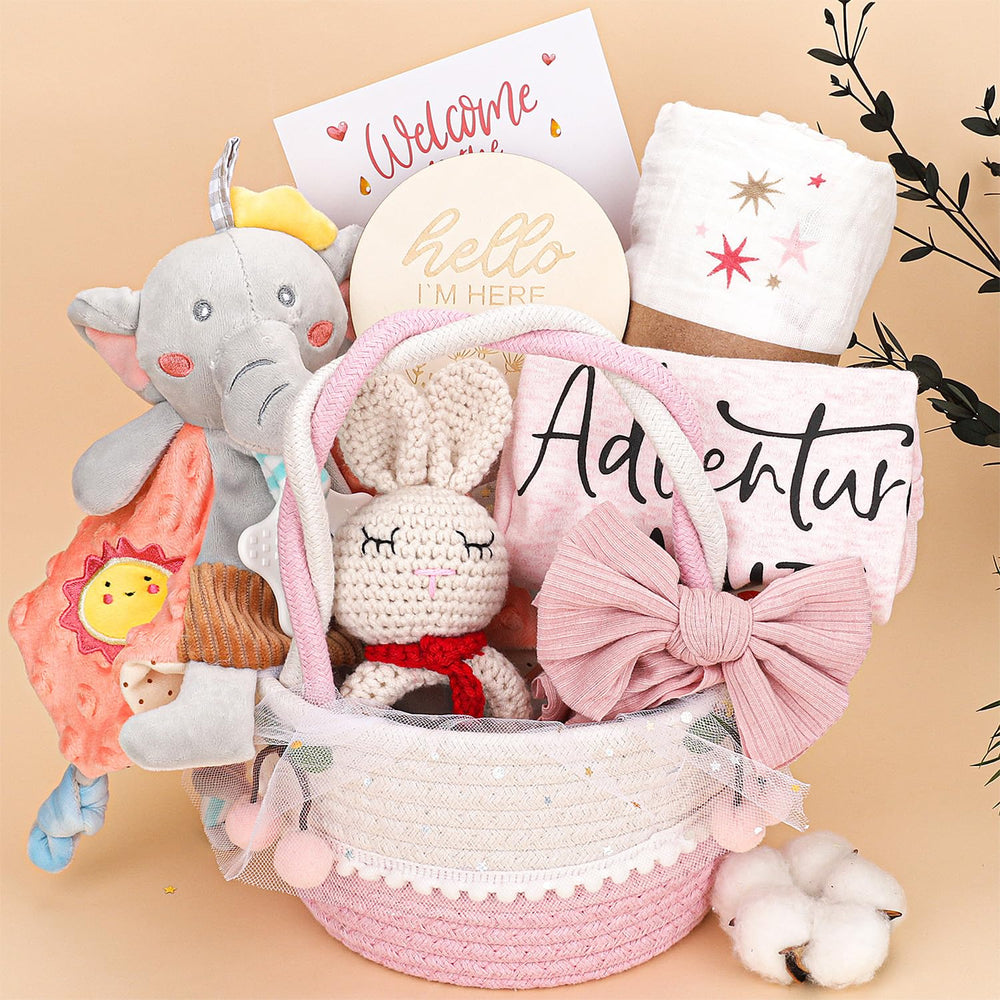 Pengtai baby girl gift basket top view with pink bodysuit for newborn comfort.