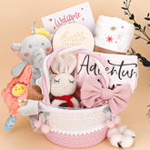 Pengtai baby girl gift basket top view with pink bodysuit for newborn comfort.