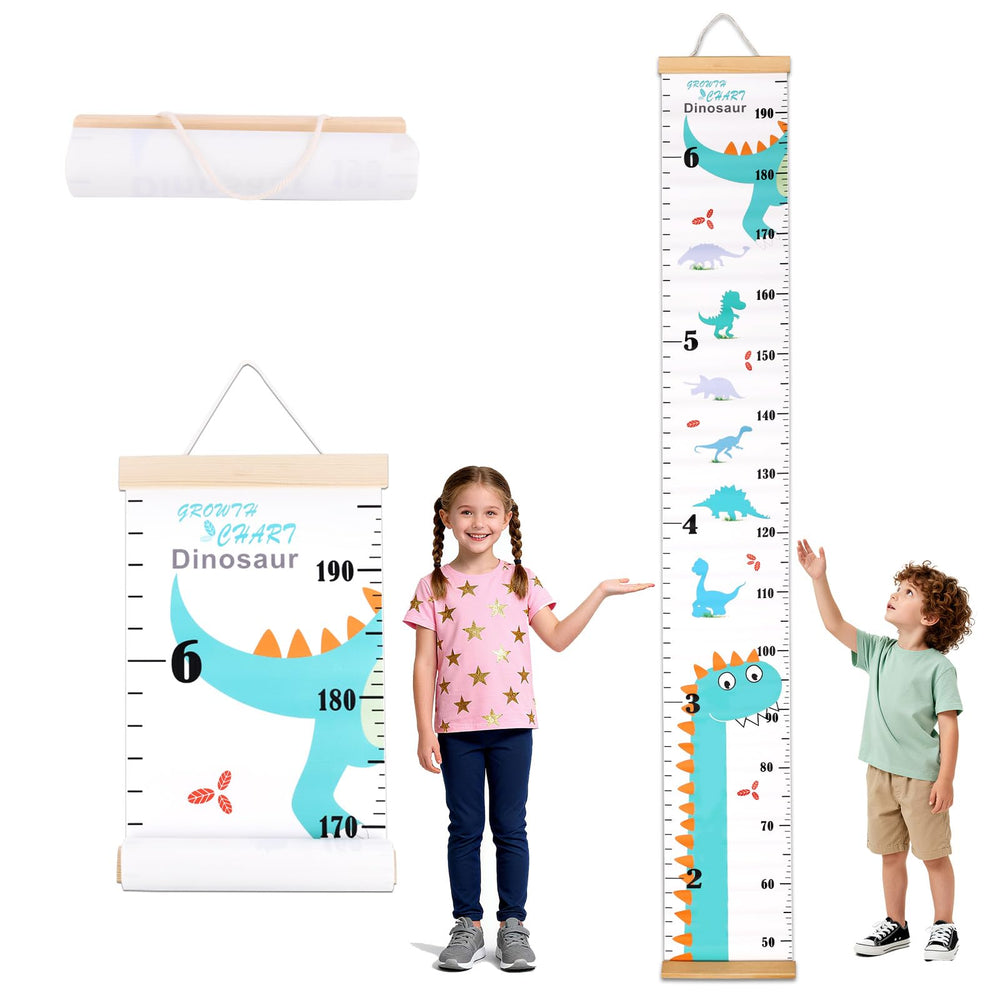 Penitue blue dinosaur growth chart on wall for tracking height milestones.