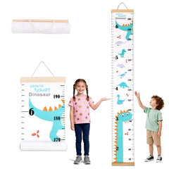 Penitue blue dinosaur growth chart on wall for tracking height milestones.