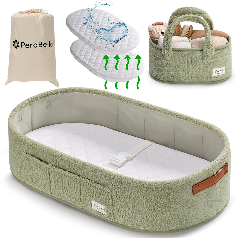 PeraBella Cozy Teddy Green changing basket for portable diaper changes and cozy sleep space.