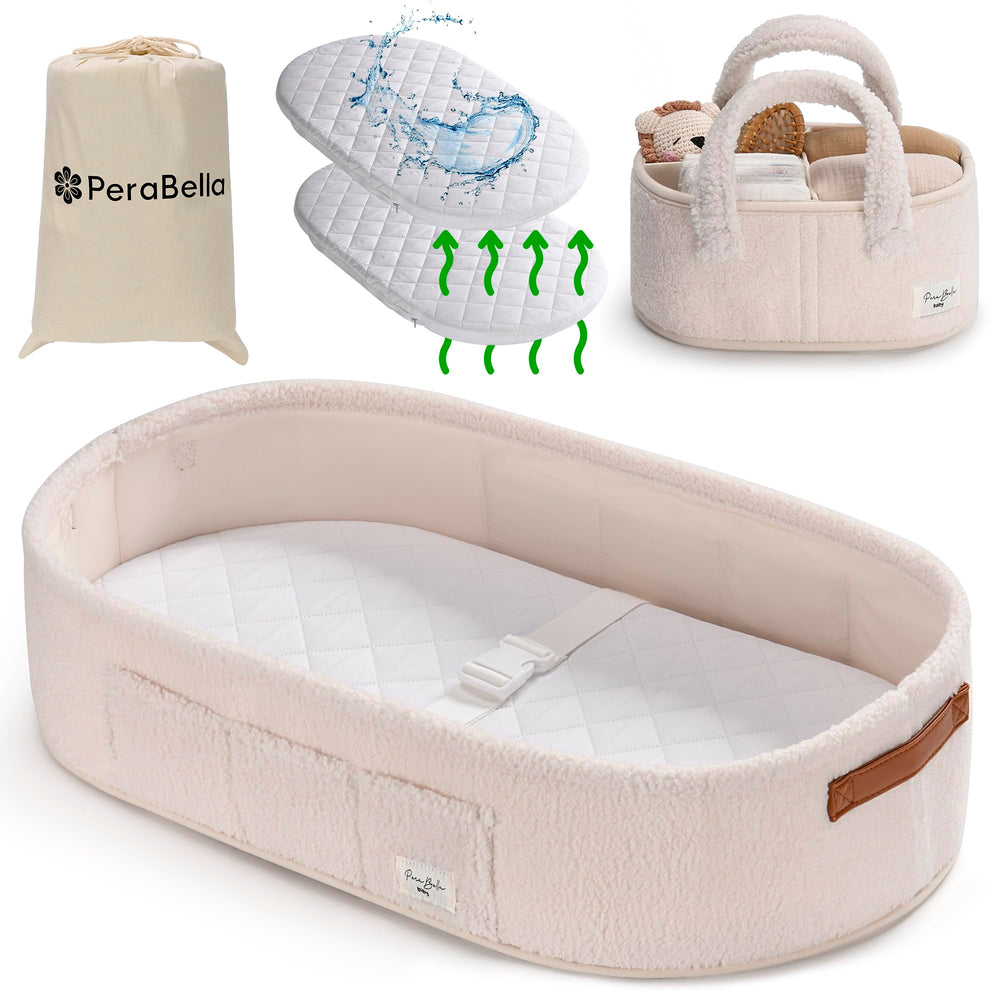 PeraBella baby changing basket cozy teddy white, portable diaper changing station for on-the-go use