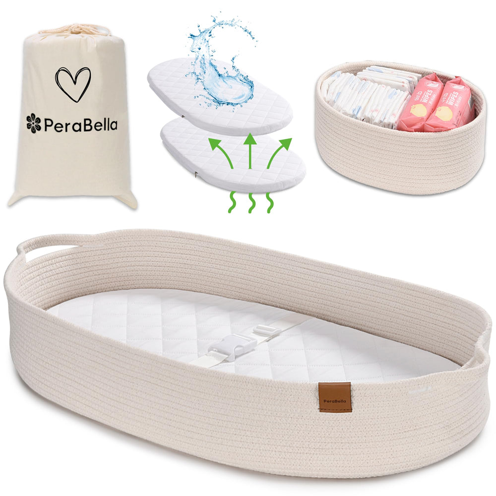 Perabella baby changing basket on dresser, ideal for quick diaper changes.
