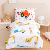 PERFEMET construction bedding set with excavator and truck on white, ideal for imaginative bedtime play.