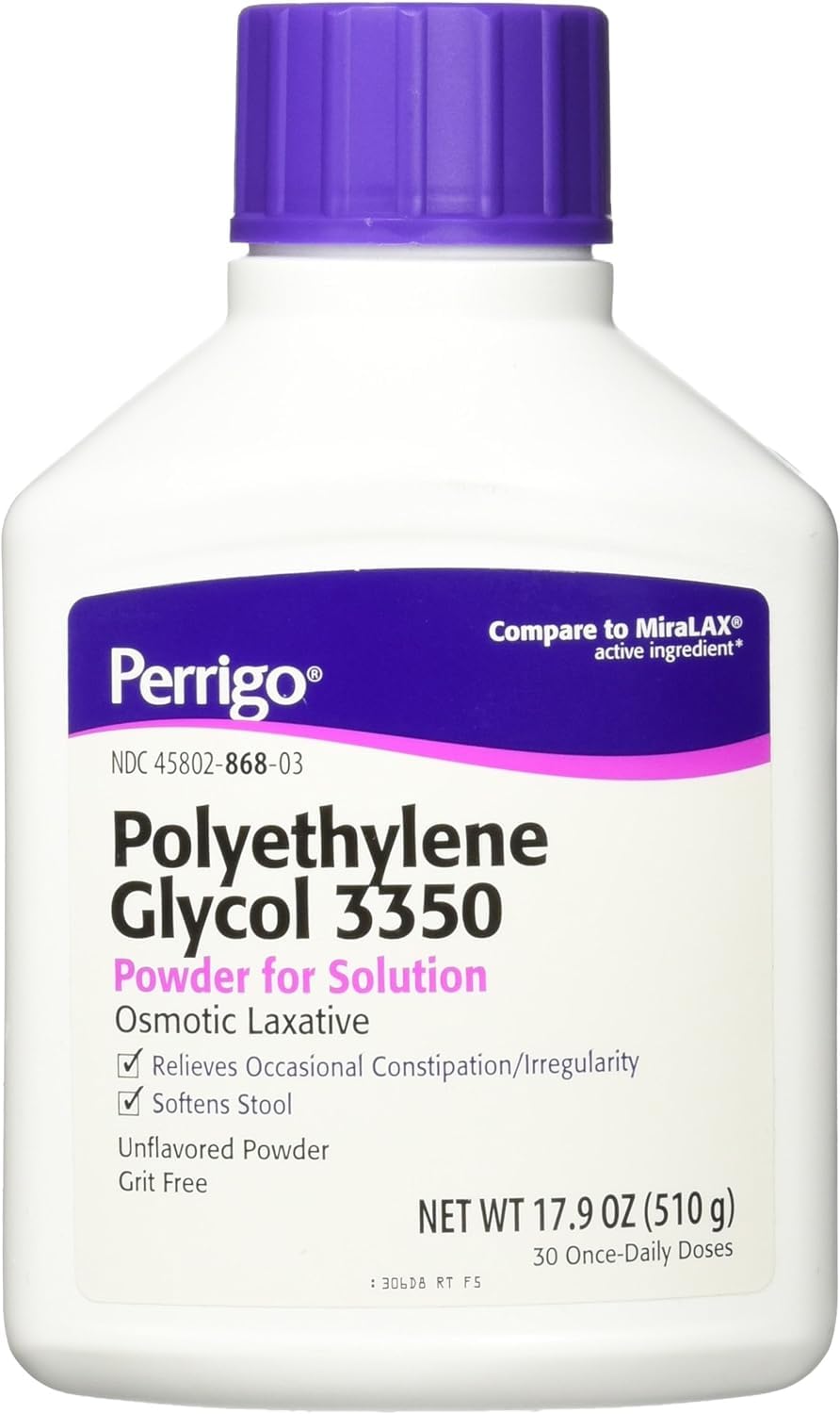 Perrigo PEG 3350 powder bottle ready to support occasional relief when mixed into drinks.