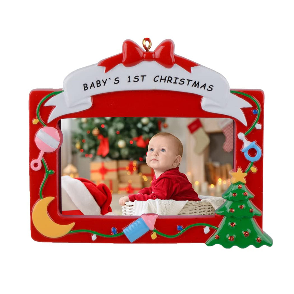 Personalized Ornaments Baby's 1st Christmas Frame closeup highlights durable resin and fine detailing.