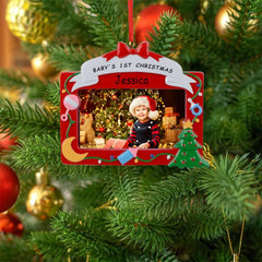 Personalized Ornaments red baby photo frame hanging decor for holiday display.