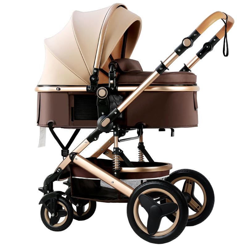 PetitX convertible stroller khaki folded for compact travel and storage.