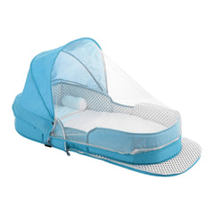 PGONEEE baby travel bassinet blue folded compactly for easy portability.