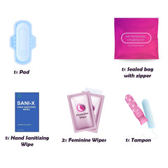 ph Advantage period kit contents tampon, pad, wipes for on-the-go use.