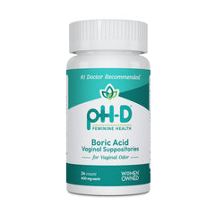 pH-D Feminine Health box with boric acid suppositories for odor support.